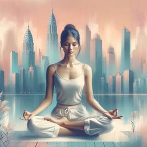 Serene Woman in Lotus Pose with Moscow Cityscape | Yoga Event Art