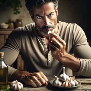 Middle-Aged Hispanic Man Biting Garlic | Mediterranean Scene
