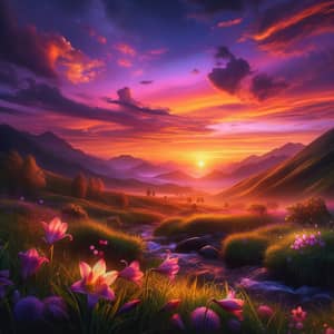 Captivating Sunset Scene: Mountains, Flowers & Evening Tranquility