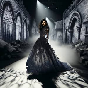 Gothic Romance Fashion Model on Catwalk in Forgotten Castle