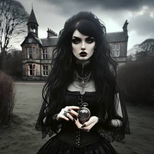 Gothic-Inspired Young Woman in Black Corseted Dress