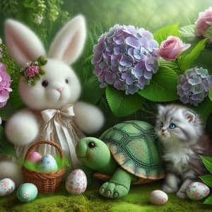 Easter Bunny, Green Turtle & Kitten - A Peaceful Scene of Joy
