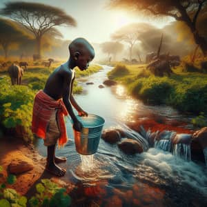 Young Black Boy by Calm Stream in Sub-Saharan Africa