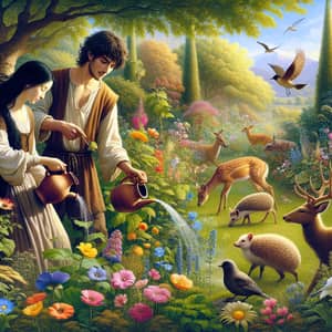 Lush Garden Scene with Young Couple in Paradise