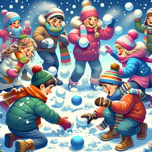 Vibrant Winter Scene: Joyous Snowball Fight with Diverse Children