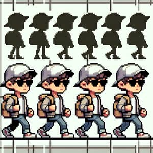 Pixel Art Spritesheet of Teen Guy Walking: Cap, Backpack, Sunglasses