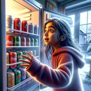 Curious South Asian Girl Opening Refrigerator with Chilled Drinks