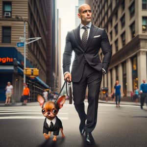 Successful Middle-Eastern Businessman Walking Cute Cartoon-Like Dog