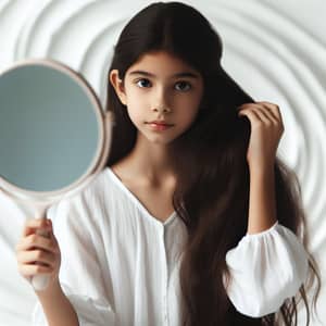 Hispanic Girl Combing Hair on White Background