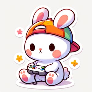 Cute Cartoon White Rabbit Gaming with Colorful Cap