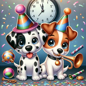 New Year Party Celebration with Cute Cartoon Dalmatian & Jack Russell