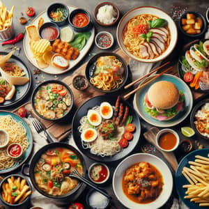 Global Cuisine Dishes: Ramen, Spaghetti, Tacos, Fish and Chips, Butter Chicken, Cheeseburger