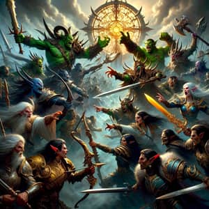 Fantasy Battle Scene: Orks, Humans, and Elves Clash for Ancient Artifact