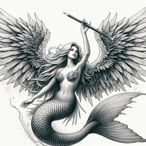 Majestic Mermaid with Angel Wings Pencil Drawing