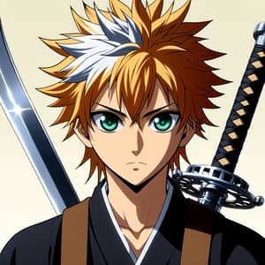 Anime-Style Young Man with Spiky Orange Hair and Samurai Sword
