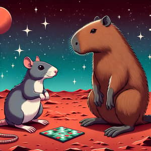 Quirky Illustration of Rat vs Capybara in Galactic Setting