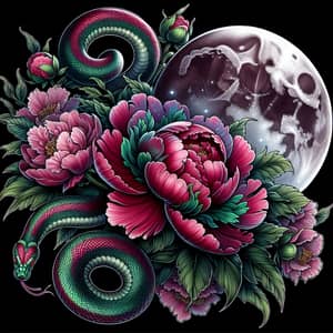 Blooming Peony Flower, Moon, and Snake Tattoo Design
