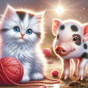 Cute Kitten and Piglet Playful Scene