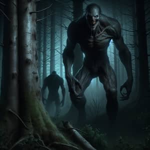 Dark and Mysterious Encounter with Towering Humanoid in Ominous Forest