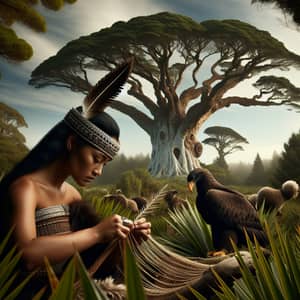 Maori Woman Weaving Kete | Flax Bush & Kauri Tree Scene