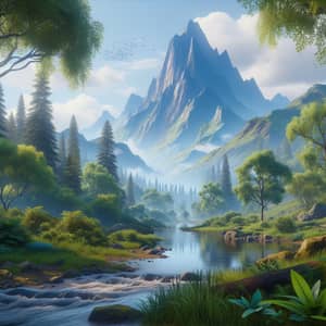 Tranquil Mountain Landscape: River, Forest, Plant Life