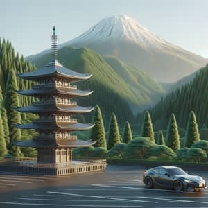Japanese Pagoda amidst Lush Forest Hills