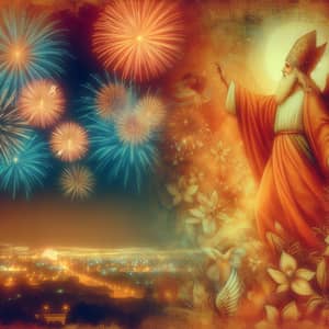 Vibrant New Year Fireworks with Serene Religious Figure