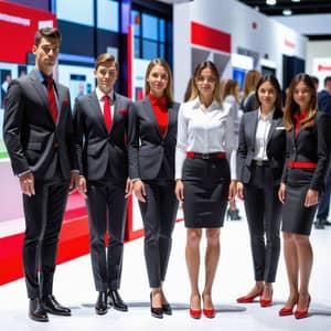 Corporate Business Attire for Exhibition in White, Gray, and Red