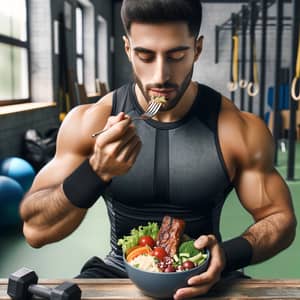 Middle-Eastern Male Sports Enthusiast Eating Nutritious Meal for Energy Replenishment