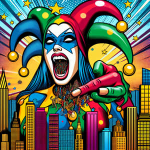 Harley Quinn: Vibrant Jester in the City Skyline