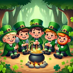 Cheerful Leprechauns by the Campfire in Enchanted Forest