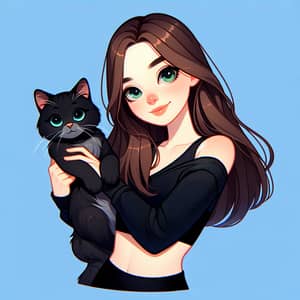 Whimsical 20th Century Animation Style Portrait of Girl with Cat