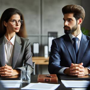 Professional Debate: Female Lawyer vs. Male Banker in Conference Room