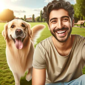 Cheerful Middle-Eastern Man with Golden Retriever in Sunny Park