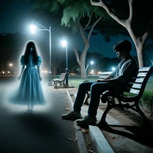 Ghost of a Girl in Blue Dress at Park | Sad Man, Streetlight