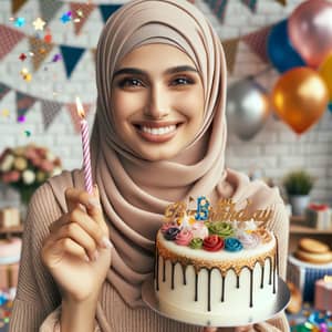 Middle Eastern Woman Celebrates Joyful Birthday with Traditional Hijab and Cake