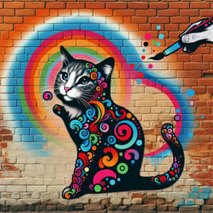 Colorful Street Art Graffiti Cat on Brick Wall