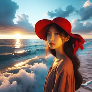 Asian Girl in Red Hat by the Sea | Sunset Beauty