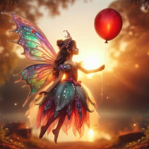 Enchanting Fairy with Red Balloon | Magical Sunlit Background