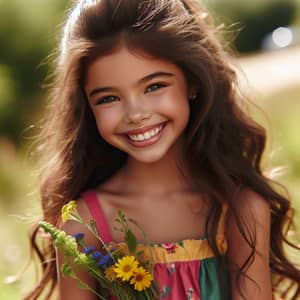 Charming Hispanic Girl Playing Outdoors with Wildflowers