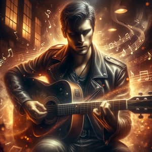 Passionate Acoustic Guitarist in Black Leather Jacket | Music Melody