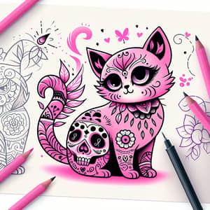 Beautiful Pink Cat with Skull Tattoos