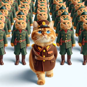 Colorful Ginger Shortbread Cat in Military Uniform Leading Cat Soldiers