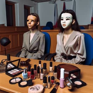 Courtroom Makeup Mischief: Girls in Sheer Pantyhose Masks
