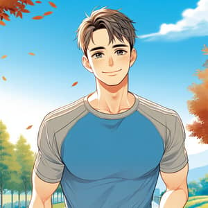 Serene Illustration of Athletic Man Walking Under Autumn Sky