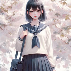 Japanese School Uniform Girl in Cherry Blossom Scene