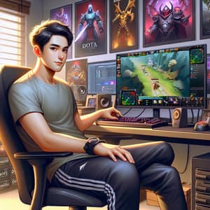 Digital Illustration of Young Asian Dota Gamer in Action