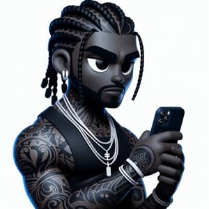 Dark-Skinned Male Character with Tattoos and Braids Holding Phone
