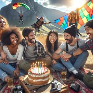 Lively Outdoor Birthday Party with Diverse Friends and Skydiving Fun