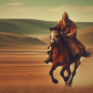 Masked Figure Riding Horse - Action Scene in Rural Setting